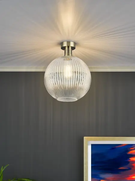 Emerson Antique Brass Semi Flush with Round Ribbed Glass