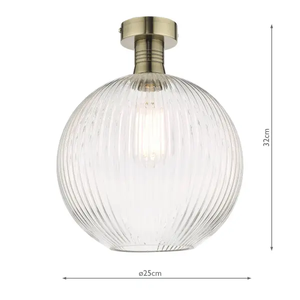 Emerson Antique Brass Semi Flush with Round Ribbed Glass
