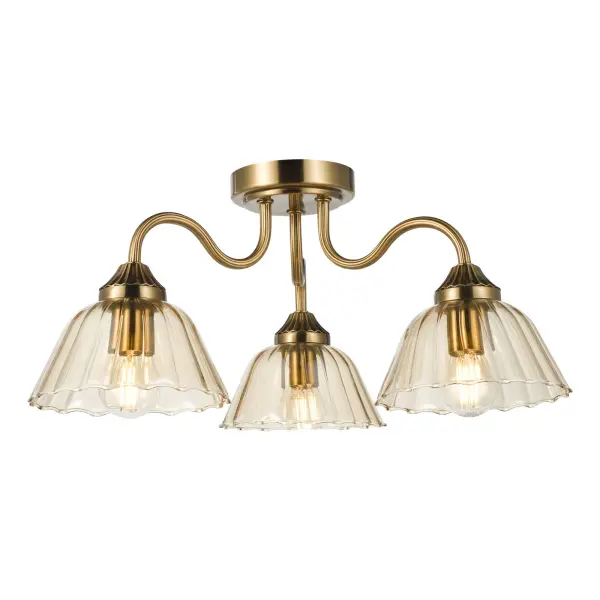 Erika 3 Light Antique Bronze & Amber Glass Semi Flush Fititng