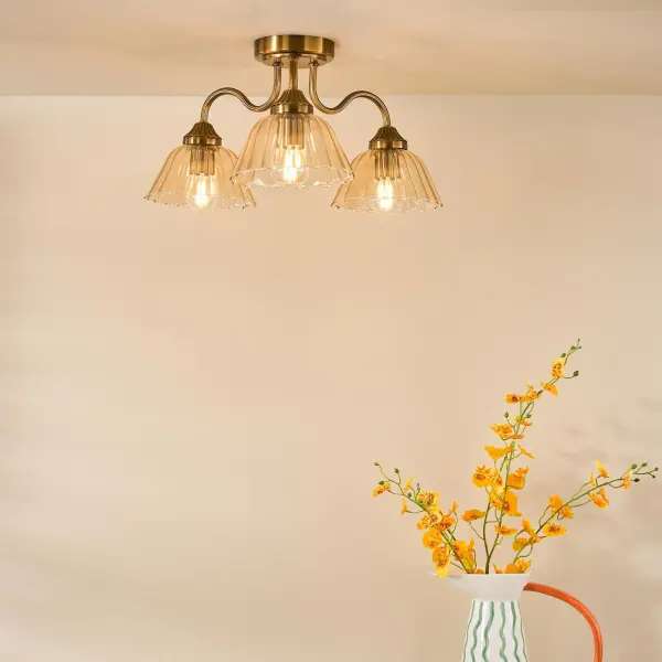 Erika 3 Light Antique Bronze & Amber Glass Semi Flush Fititng