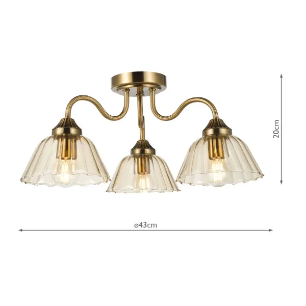 Erika 3 Light Antique Bronze & Amber Glass Semi Flush Fititng