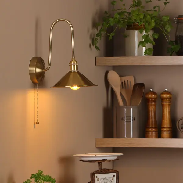 Hadano Brass Curved Arm Wall Light with Brass Shade