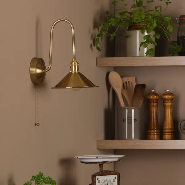 Hadano Brass Curved Arm Wall Light with Brass Shade