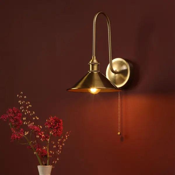 Hadano Brass Curved Arm Wall Light with Brass Shade