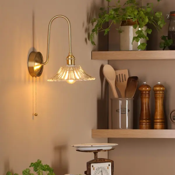 Hadano Brass Curved Arm Wall Light with Flared Shade