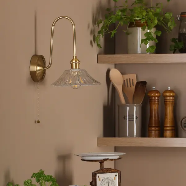 Hadano Brass Curved Arm Wall Light with Flared Shade