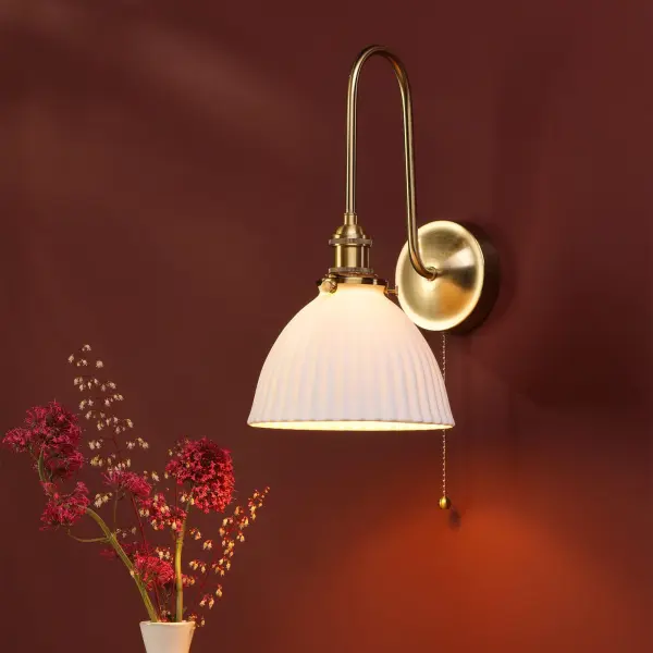 Hadano Brass Curved Arm Wall Light with Domed Shade