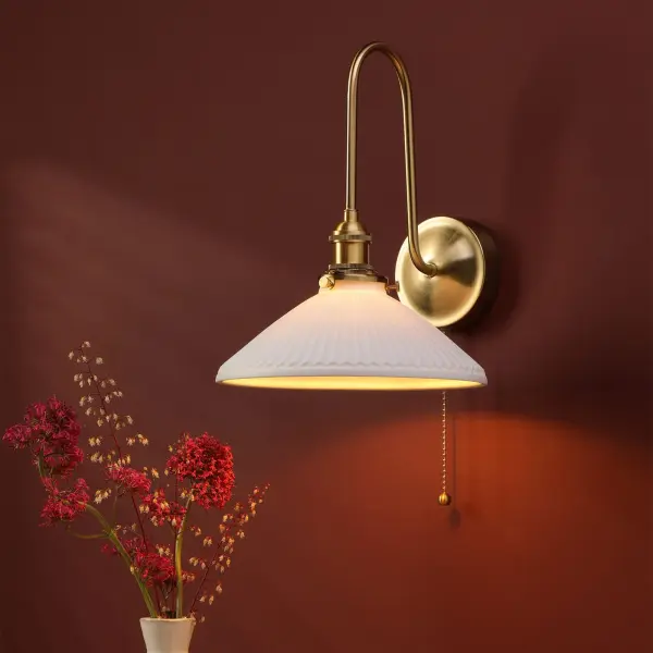 Hadano Brass Curved Arm Wall Light with Shallow Shade