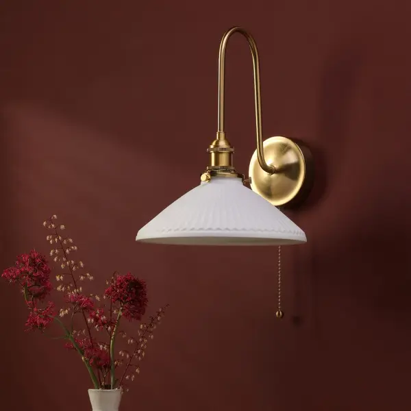 Hadano Brass Curved Arm Wall Light with Shallow Shade