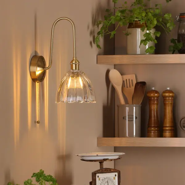 Hadano Brass Curved Arm Wall Light with Scalloped Bell Glass Shade