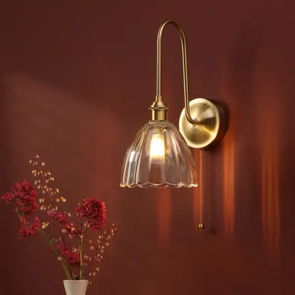 Hadano Brass Curved Arm Wall Light with Scalloped Bell Glass Shade