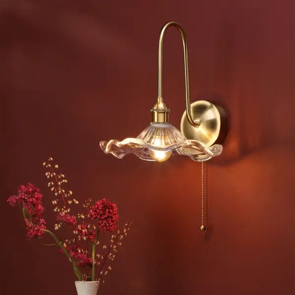 Hadano Brass Curved Arm Wall Light with Wavy Glass Shade