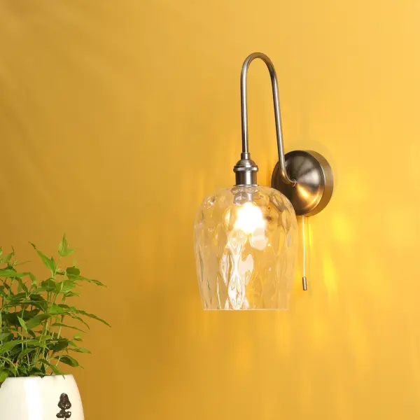 Hadano Antique Chrome Curved Arm Wall Light with Dimpled Shade