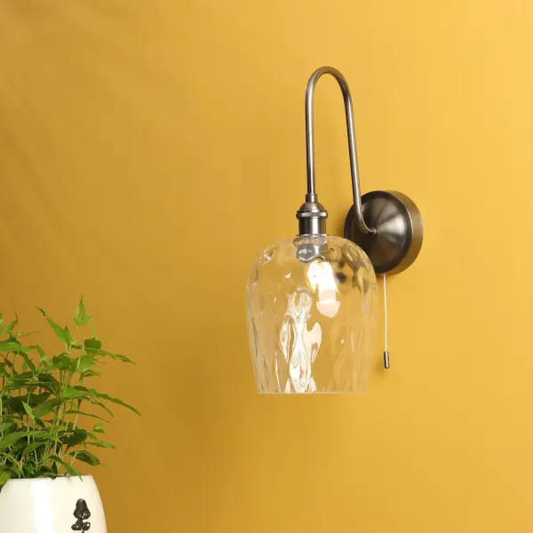 Hadano Antique Chrome Curved Arm Wall Light with Dimpled Shade