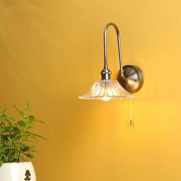 Hadano Antique Chrome Curved Arm Wall Light with Flared Shade
