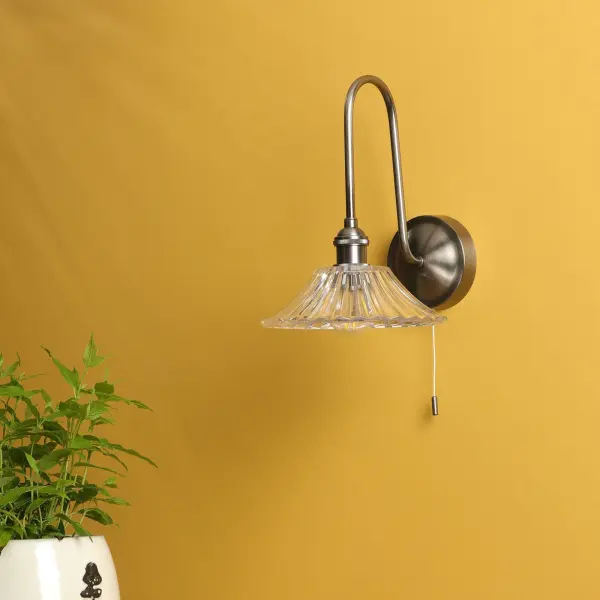 Hadano Antique Chrome Curved Arm Wall Light with Flared Shade