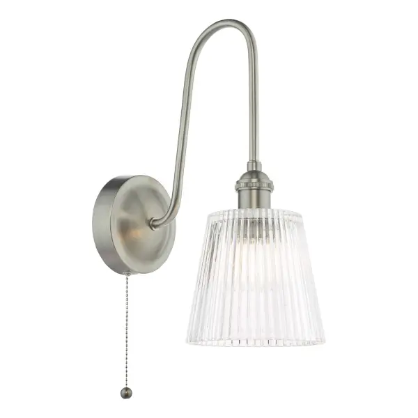 Hadano Antique Chrome Curved Arm Wall Light with Ribbed Shade