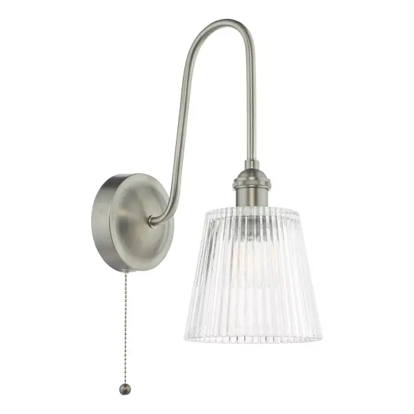 Hadano Antique Chrome Curved Arm Wall Light with Ribbed Shade