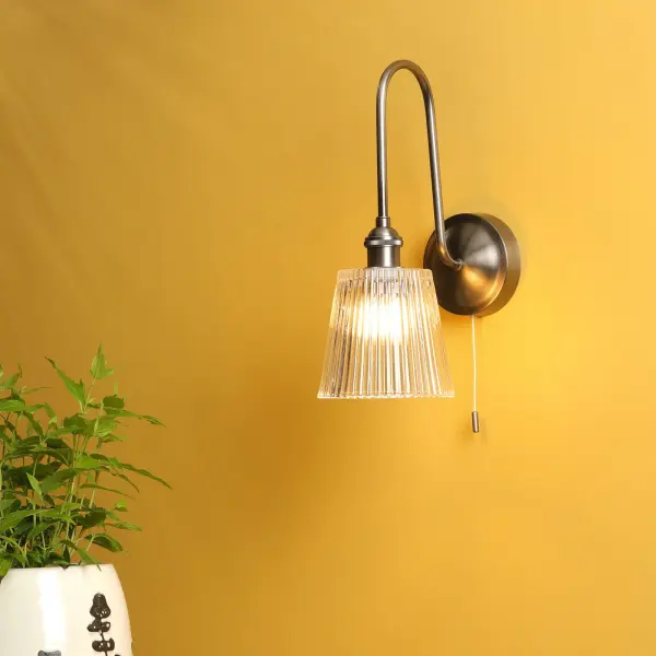 Hadano Antique Chrome Curved Arm Wall Light with Ribbed Shade