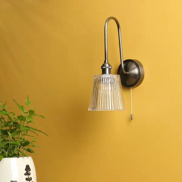 Hadano Antique Chrome Curved Arm Wall Light with Ribbed Shade