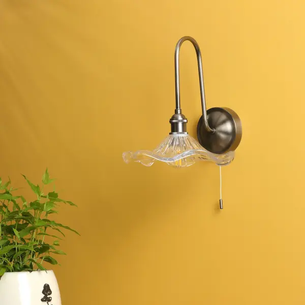 Hadano Antique Chrome Curved Arm Wall Light with Wavy Glass Shade