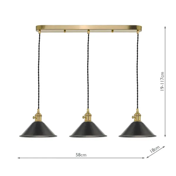 Hadano 3 Light Suspension in Natural Brass With Antique Pewter Shades