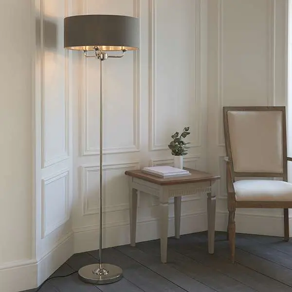 Highclere 3 Light Floor Lamp in Bright Nickel C/W Charcoal Shade