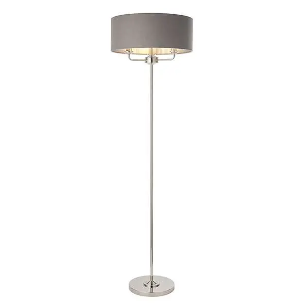 Highclere 3 Light Floor Lamp in Bright Nickel C/W Charcoal Shade