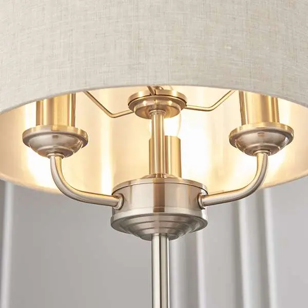 Highclere 3 Light Table Lamp in Brushed Chrome C/W Natural Shade