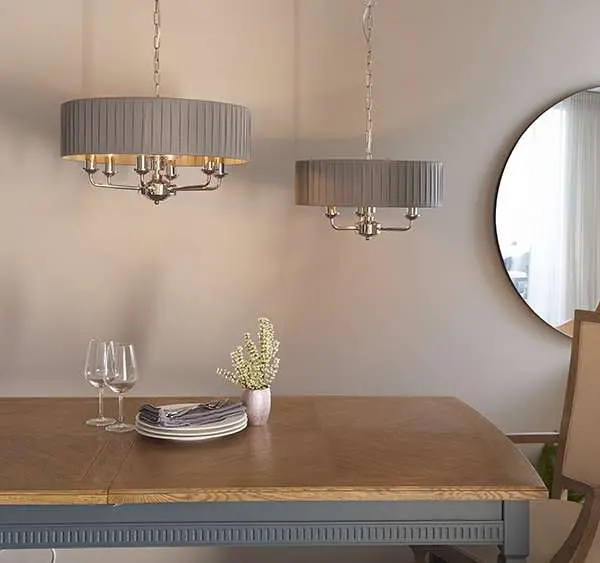 Highclere 6 Light Drum Pendant in Bright Nickel C/W Wrapped Charcoal Shade