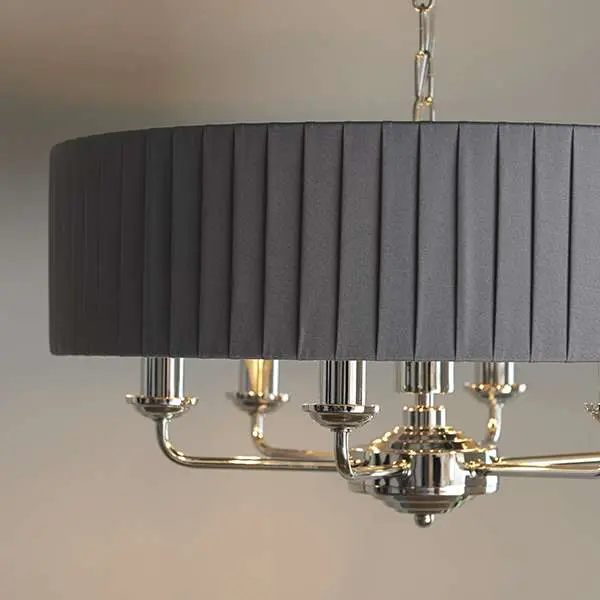 Highclere 6 Light Drum Pendant in Bright Nickel C/W Wrapped Charcoal Shade