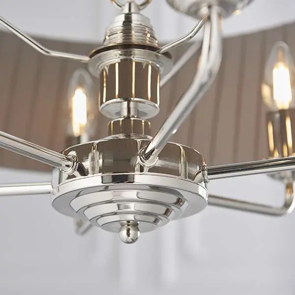 Highclere 6 Light Drum Pendant in Bright Nickel C/W Wrapped Charcoal Shade