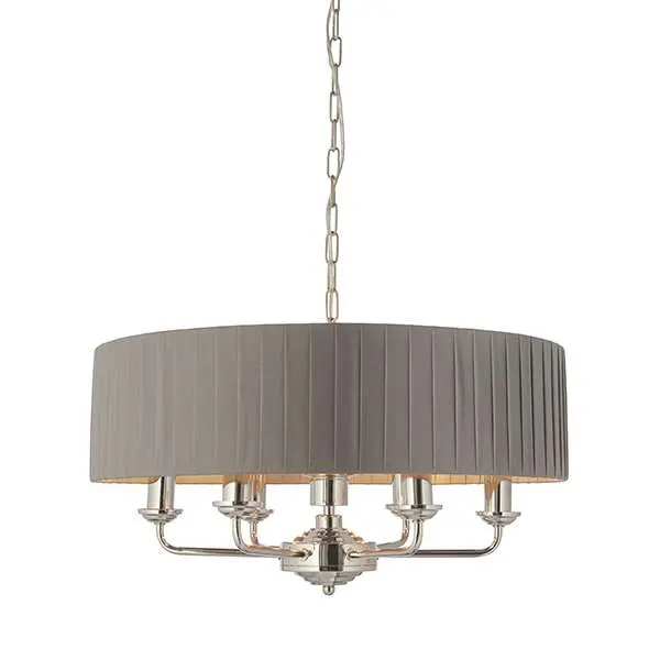 Highclere 6 Light Drum Pendant in Bright Nickel C/W Wrapped Charcoal Shade