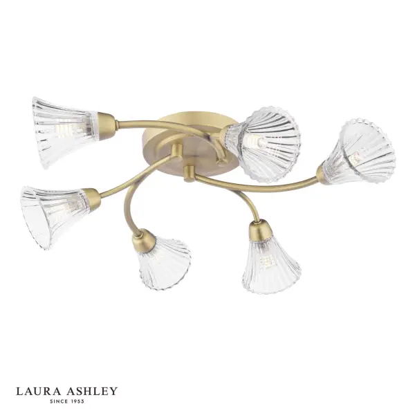 Lanton 6 Light Semi Flush Fitting in Antique Brass & Ribbed Glass