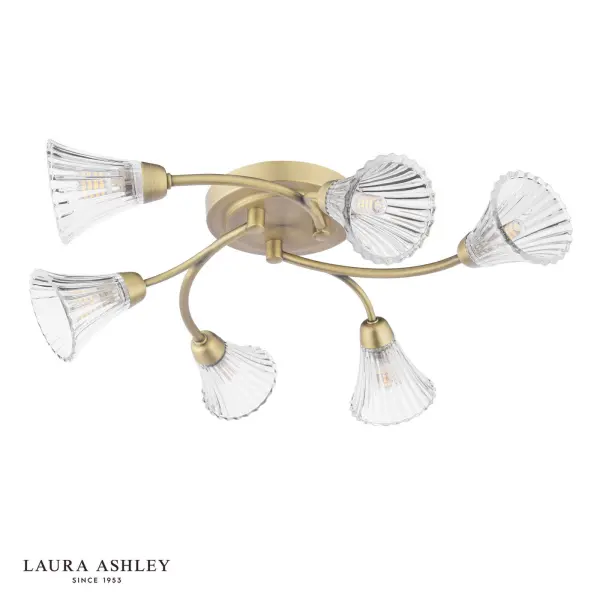 Lanton 6 Light Semi Flush Fitting in Antique Brass & Ribbed Glass