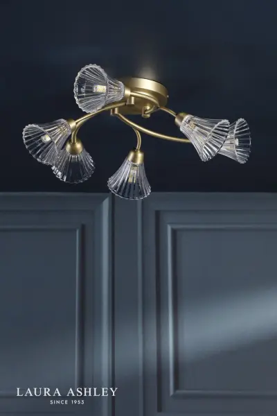 Lanton 6 Light Semi Flush Fitting in Antique Brass & Ribbed Glass
