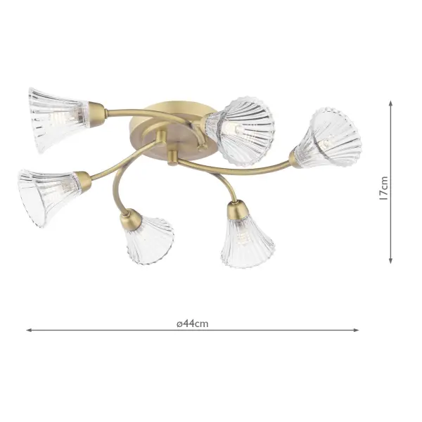 Lanton 6 Light Semi Flush Fitting in Antique Brass & Ribbed Glass