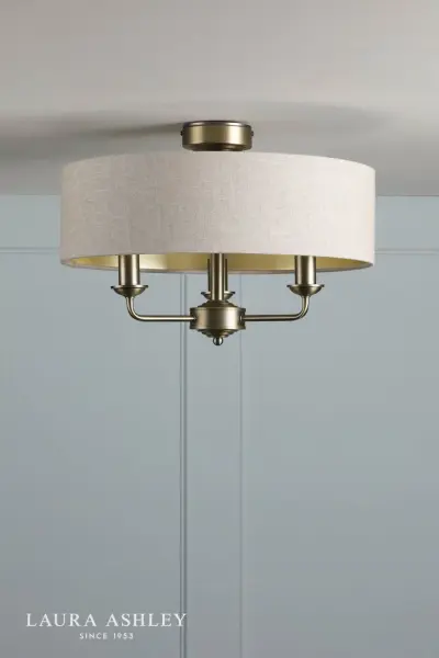 Sorrento Antique Brass Semi Flush Light C/W Natural Shade