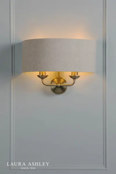 Sorrento 2 Light Antique Brass Wall Light C/W Natural Shade