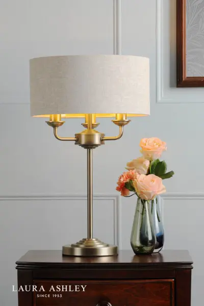 Sorrento 3 Light Table Lamp Antique Brass With Natural Shade