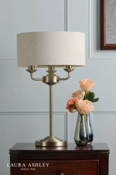 Sorrento 3 Light Table Lamp Antique Brass With Natural Shade