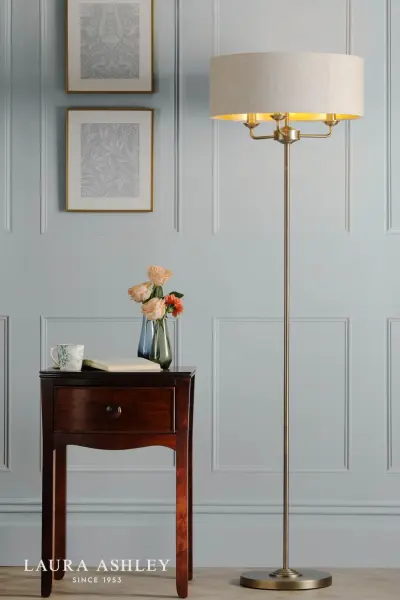Sorrento 3 Light Antique Brass Floor Lamp With Natural Shade