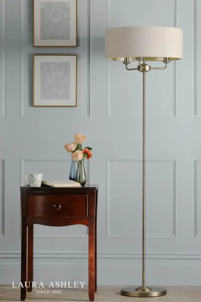 Sorrento 3 Light Antique Brass Floor Lamp With Natural Shade