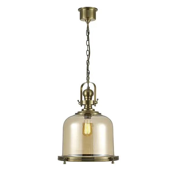 Riley Large Bell Pendant in Antique Brass & Cognac Glass