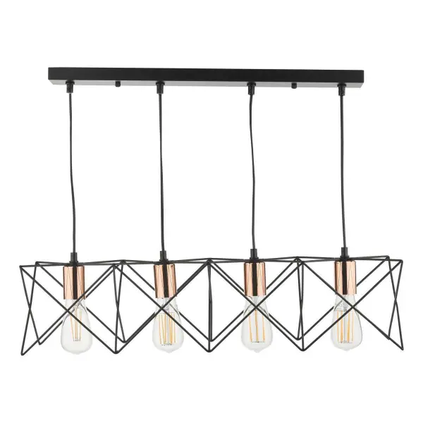 Midi 4 Light Bar Pendant in Black with Bright Copper Detail