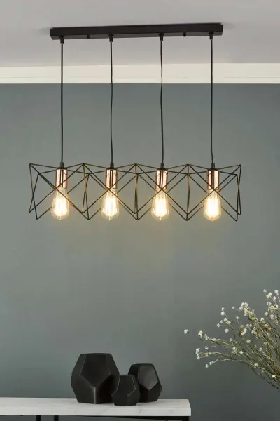 Midi 4 Light Bar Pendant in Black with Bright Copper Detail