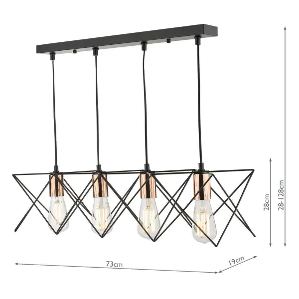 Midi 4 Light Bar Pendant in Black with Bright Copper Detail