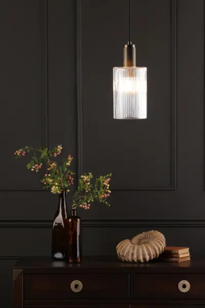 Nikolas Natural Solid Brass Pendant With Cylinder Ribbed Shade