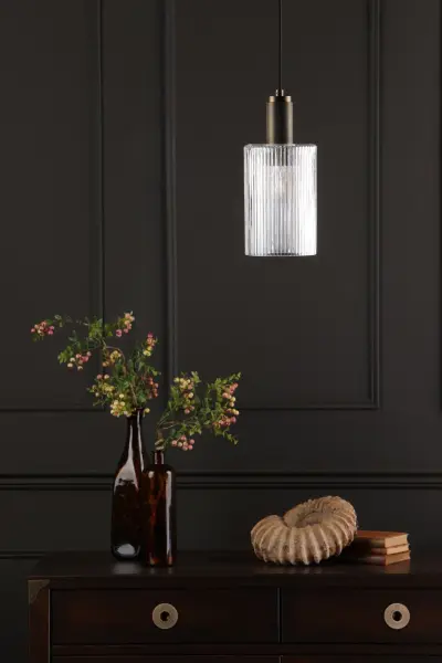 Nikolas Natural Solid Brass Pendant With Cylinder Ribbed Shade