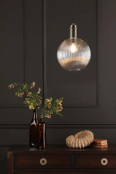 Nikolas Natural Solid Brass Pendant With Ribbed Glass Shade